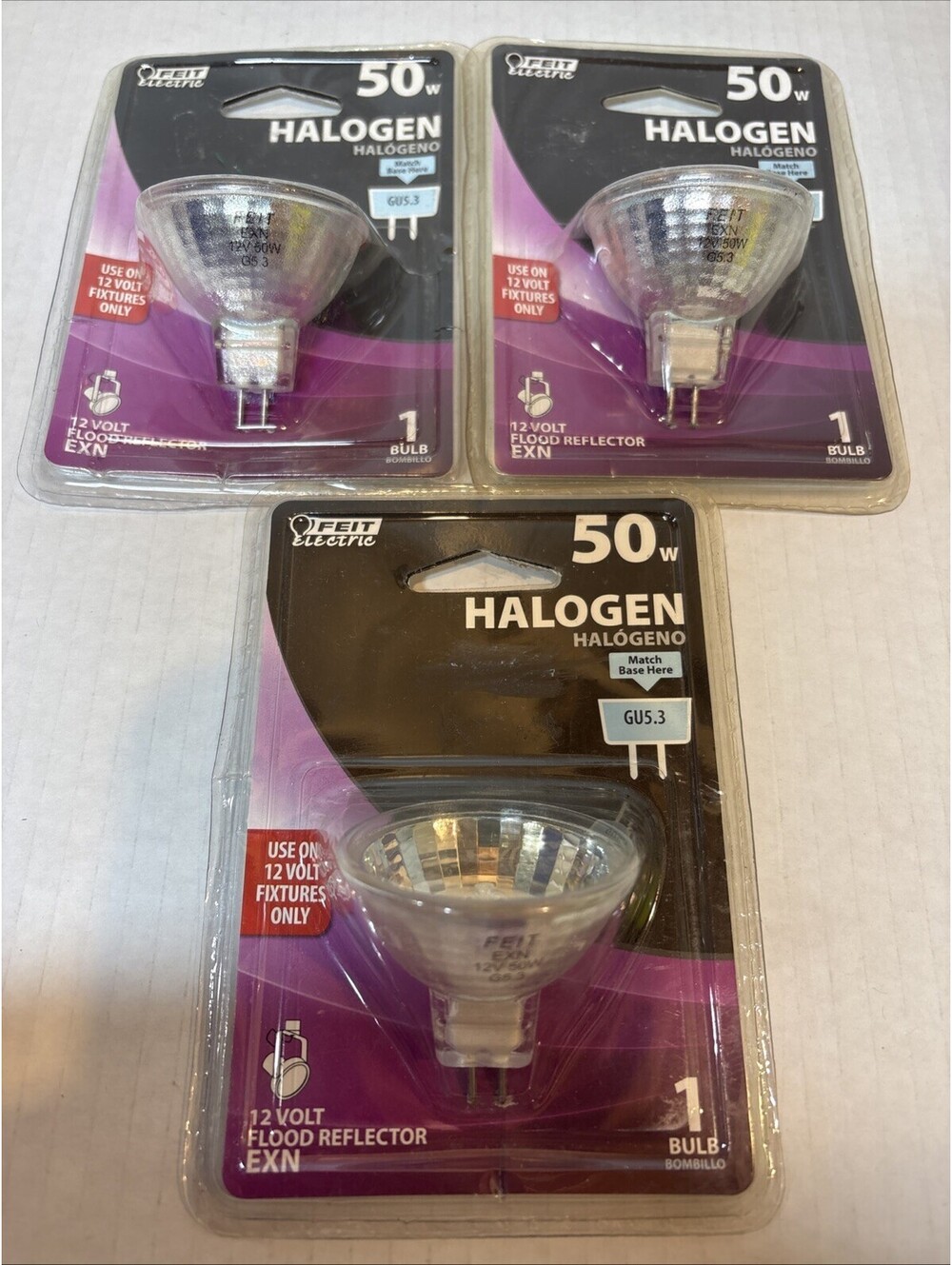 3 Packs Feit Electric BPEXN Halogen Quartz Reflector Flood Light Bulbs 50W GU5.3
